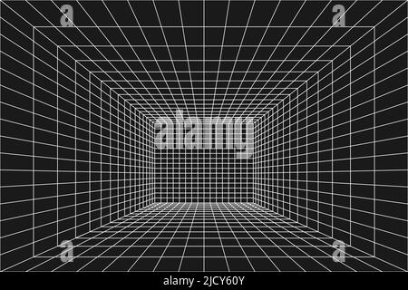 Perspektivischer Drahtgitterraum. Digitale Innenbox, Gittertunnelgeometrie auf schwarzem Hintergrund. Cyber-Netzwerktechnologie. Vektorgrafik. Stock Vektor
