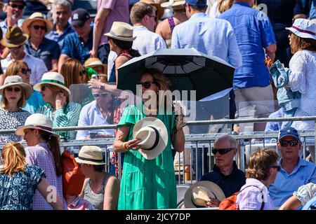 London, Großbritannien. 16.. Juni 2022. Wetter in Großbritannien: Während der Cinch Championships beobachten die Zuschauer ein Tennisspiel auf dem Centre Court im Queen's Club bei Temperaturen von 28C und strahlendem Sonnenschein. Die Prognose für morgen ist, dass die Temperaturen in einer Hitzewelle, die den Großteil des Landes betreffen wird, weiter auf 32C ansteigen werden. Kredit: Stephen Chung/Alamy Live Nachrichten Stockfoto