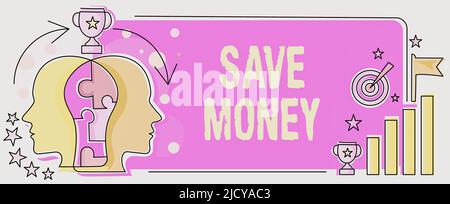 Handschrift Text Sparen Sie Geld, konzeptuelle Foto speichern etwas von Ihrem Geld jeden Monat, um sie irgendwann später verwenden zwei Köpfe verbunden Puzzle zeigt Solvin Stockfoto