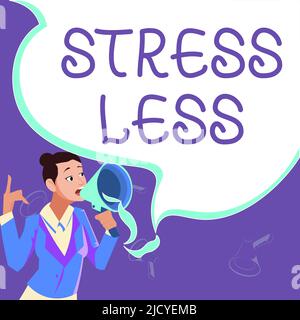 Inspiration zeigt Zeichen Stress weniger. Überblick über das Geschäft Bleiben Sie weg von Problemen Gehen Sie weg Entspannen meditieren Lassen Sie sich verwöhnen Stockfoto