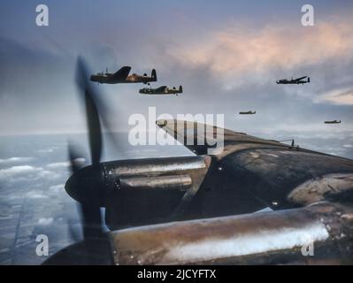 LANCASTER BOMBER FORMATION BOMBER RUN 1940s WW2 WAR Bomber Command mit Avro Lancaster Bombers on-Flight auf dem Weg nach Nazi-Deutschland August 1943 No. 50 Squadron, Royal Air Force, mit Sitz in Skellingthorpe, fliegen in Spread Formation. Zweiter Weltkrieg Zweiter Weltkrieg Großbritannien Großbritannien Stockfoto