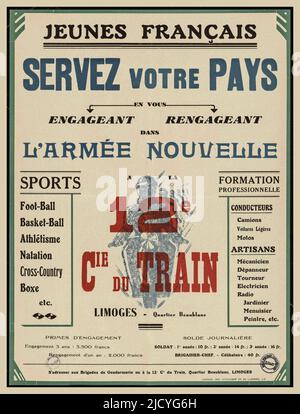 WW2 1940s Vichy Französisches Propagandaposter VICHY FRANCE REKRUTIERUNGSPOSTER 'Young French Serve Your Country' 12e Compagnie du Train Limoges Quartier BeauBlanc Vichy France Stockfoto