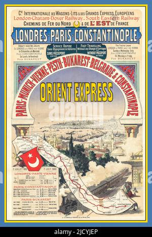 ORIENT EXPRESS ZUG LUXUSZUG Vintage 1888 Wagon Lits Orient-Express Chemin de Fer du Nord & de l'Est Werbeplakat - Londres-Paris-Constantinople Paris-München-Vienne-Budapest-Belgrade & Constantinople : Service rapide sans changement de voiture, sans passeport... Hiver 1888-89...[affiche] Stockfoto