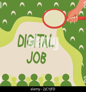Schreiben Anzeige Text Digital Job, Wort geschrieben auf erhalten bezahlte Aufgabe durch Internet und PC Hand Halten Vergrößerungsglas Prüfung getan Stockfoto
