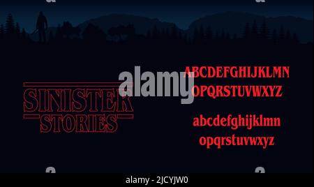 Halloween-Schriftzug, Sinister Stories Alphabet, Retro 80er Jahre Buchstaben, Horror Style ABC, Scary Movie Titel Stock Vektor