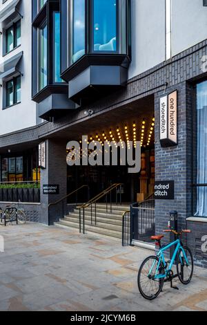 Das einhundert Shoreditch London ist ein unabhängiges Hotel mit 258 Zimmern in 100 Shoreditch, London. Früher das Ace Hotel. Stockfoto