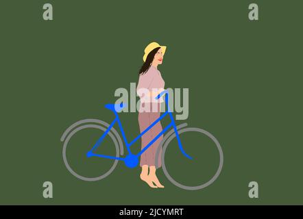 Junge Frau auf dem Fahrrad mit Korb von Blumen Vektor flach isoliert Illustration Stock Vektor