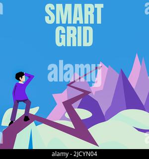 Text mit Inspiration Smart Grid. Die Geschäftsübersicht umfasst Betriebs- und Energiemaßnahmen, einschließlich des Pfeils „Meter man Watching Horizon“ Stockfoto