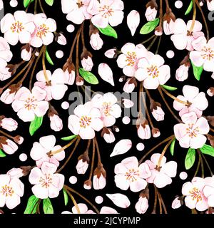 Nahtloses Sakura-Muster. Aquarelldarstellung. Isoliert auf schwarzem Hintergrund. Für Ihre Designstoffe, Verpackungspapier, Kochbücher, Schürzen. Stockfoto