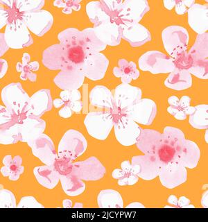 Nahtloses Sakura-Muster. Aquarelldarstellung. Isoliert auf einem senffgelben Hintergrund. Für Ihre Designstoffe, Verpackungspapier, Kochbücher, Schürzen Stockfoto