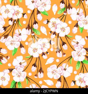 Nahtloses Sakura-Muster. Aquarelldarstellung. Isoliert auf einem senffgelben Hintergrund. Für Ihre Designstoffe, Verpackungspapier, Kochbücher, Schürzen Stockfoto
