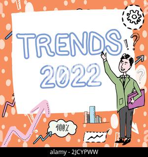 Zeichen mit Trends 2022, Wort für das kommende Jahr vorherrschende Tendenz Online-Diskussion Gentleman-Zeichnung Stehender Zeigefinger in Blank Wh Stockfoto
