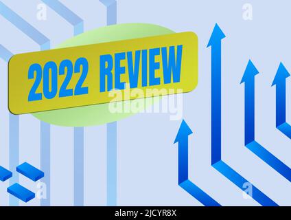 Konzeptionelle Darstellung 2022 Rückblick, Wort geschrieben über das Sehen wichtiger Ereignisse oder Aktionen, die im Vorjahr ein Pfeilsystem nach oben als Symbol für s gemacht haben Stockfoto