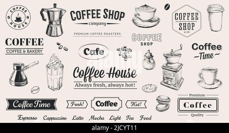 Handgezeichnetes Set Kaffee Vektor-Illustration. Café. Logo. Vorlage. Stock Vektor