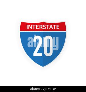Interstate Highway 20 Straßenschild-Symbol isoliert auf weißem Hintergrund. Vektorgrafik. Stock Vektor