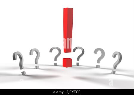 Rotes Ausrufezeichen vor vielen Fragezeichen. Stockfoto