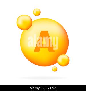 Vitamin A glänzende Kapsel Symbol. Glänzendes goldenes Stofftropfen. Medikamente anzeigen. Beauty Behandlung Ernährung Hautpflege Design. Vektorgrafik. Stock Vektor
