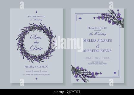 Elegante Vorlage von Hochzeitseinladungskarten mit Lavendel rustikalem Dekor. Vektorgrafik Stock Vektor