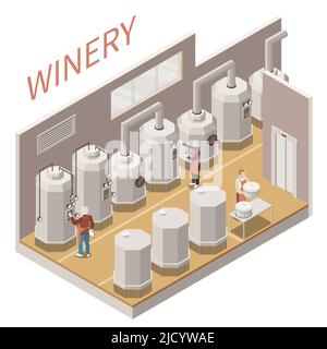 Isometrische Zusammensetzung mit Weinherstellung Prozess auf weißem Hintergrund 3D Vektor-Illustration Stock Vektor