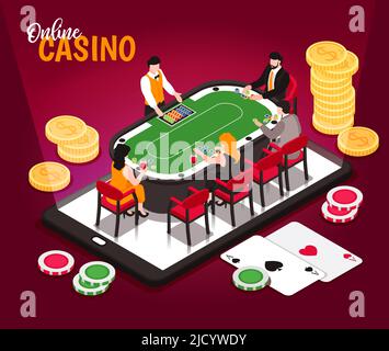 Isometrisches Online-Casino konzeptionelle Komposition mit kunstvollen Texten und Bildern von Münzstapeln mit Glücksspiel-Tisch-Vektor-Illustration Stock Vektor