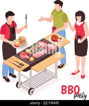 Isometrische bbq Grill Komposition mit gesichtslosen menschlichen Charakteren und Outdoor-Grill auf Wagen mit Fleisch Burger Vektor-Illustration Stock Vektor
