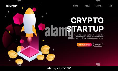 Landing Page-Vorlage für Crypto Startup. Horizontales Webbanner. Vektorgrafik Stock Vektor