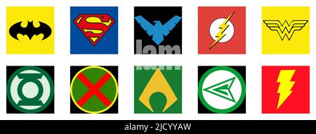 Vinnytsia, Ukraine - 16. Juni 2022: 10 Best DC Comics Heroes. Batman, Superman, Nightwing, Flash, Wonder Woman, Grüne Laterne, Marsianer-Jäger, Aqua Stock Vektor