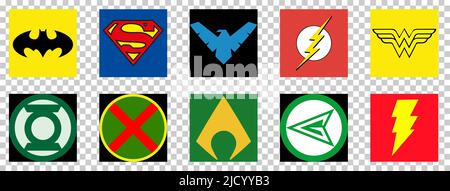 Die besten DC Comics Heroes. Batman, Superman, Nightwing, Flash, Wonder Woman, Green Lantern, Martian Manhunter, andere. Redaktionelle Illustration isoliert auf Stock Vektor