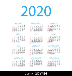 Kalender 2020, Woche beginnt am Sonntag, Geschäftsvorlage. Stock Vektor