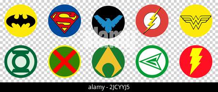 Die 10 besten DC Superhelden. Batman, Superman, Nightwing, Flash, Wonder Woman, Green Lantern, Martian Manhunter, andere. Redaktionelle Illustration isoliert auf Stock Vektor