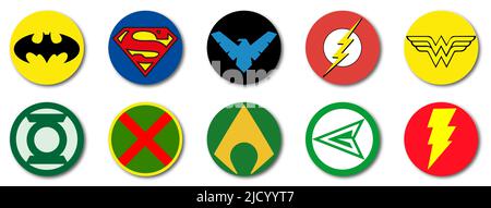 Beliebte DC Superhelden. Batman, Superman, Nightwing, Flash, Wonder Woman, Green Lantern, Martian Manhunter, Aquaman, Green Arrow, Shazam. Redaktionelle il Stock Vektor