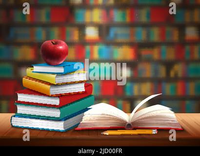 Zurück zum Schulhintergrund mit Büchern Bleistift und Apfel auf dem Tisch in der Bibliothek realistische Vektor-Illustration Stock Vektor