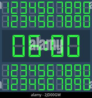 Grüne Vektoruhr Digitale Zahlen auf einem dunklen Display. Stock Vektor