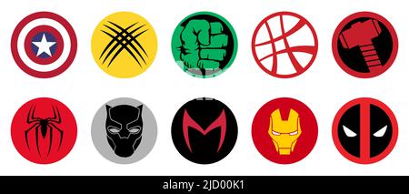 Die berühmtesten Superhelden Marvel Logos. Deadpool, Hulk, Spider-Man, Scarlet Witch, Captain America, Thor, Iron man, andere. Redaktionelle Illustration Stock Vektor