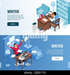 Writer Arbeitsplatz Inspiration 2 isometrische horizontale Web-Seite Banner mit Literatur Fiktion Autor kreativen Prozess Vektor Illustration Stock Vektor