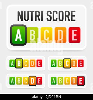 Verpackung mit grünem Nutri-Score. Unterschiedliche Nutriniveaus. Vektorgrafik. Stock Vektor