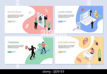 Isometrischer horizontaler Satz von vier Bannern für Cyber-Sicherheit und Hacker-Angriffe 3D isolierte Vektordarstellung Stock Vektor