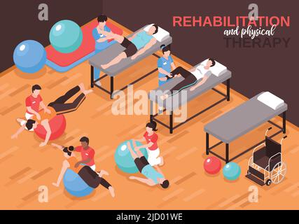 Isometrische Rehabilitation Physiotherapie Hintergrundkomposition mit Text und Innenansicht des physischen Trainingsraums mit Personen-Vektor-Illustration Stock Vektor