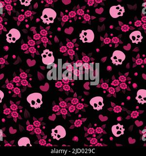 Totenköpfe und Herzen rosa Muster Stock Vektor
