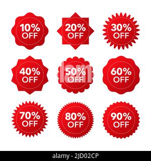 Trendige flache Werbung mit rotem Rabatt-Flach-Abzeichen für Promo-Design. Plakatabzeichen. Business-Design. Vektorgrafik. Stock Vektor