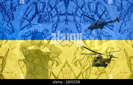 Mann mit Händen auf dem Gesicht hinter zerbrochenem Glas und Militärhubschraubern mit überlagerter ukrainischer Flagge. Ukraine, Russland, Krieg, Konflikt Flüchtling, PTSD. Konzept Stockfoto