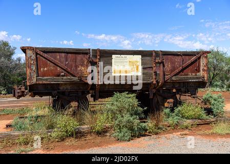 Eine Eisenbahnkutsche von der historischen Stätte Picnic Train Attack in Broken Hill, New South Wales Stockfoto