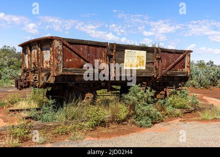 Eine Eisenbahnkutsche von der historischen Stätte Picnic Train Attack in Broken Hill, New South Wales Stockfoto