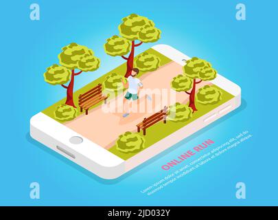 City People Workout Online-Lauf-Community isometrische Komposition mit Jogger im Park auf mobilen Bildschirm Vektor-Illustration Stock Vektor