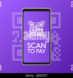 Scannen, um zu bezahlen. Smartphone-Bildschirm. Digitales Gerät. Strichcode. Vektorgrafik. Stock Vektor