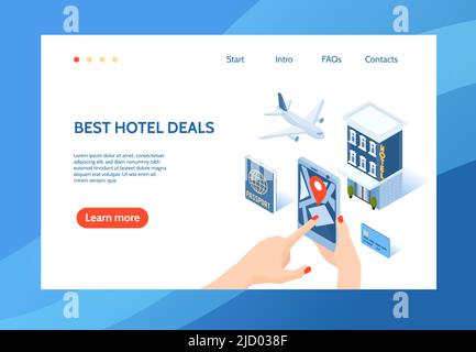 Isometrisches Hotel Konzept Banner Website Landing Page Design mit editierbaren Text-Links und anklickbare Schaltfläche Vektor-Illustration Stock Vektor