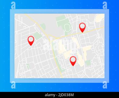 Stadtplan mit Pins. GPS-Navigationsroute mit Zeigern. Stadtstraßen und Wohnblocks. Stock Vektor