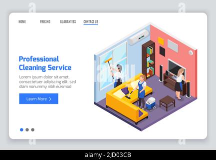 Professionelle Reinigung Service isometrische Website Landing Page mit Innen Zusammensetzung Arbeiter Text und anklickbare Links Vektor Illustration Stock Vektor