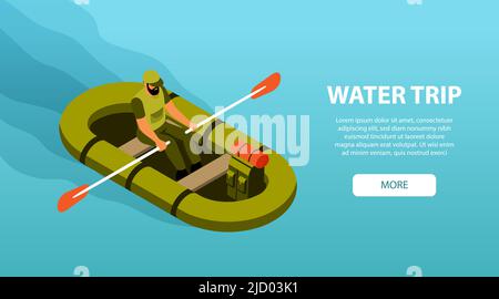 Camping Water Trip horizontale isometrische Banner mit Wanderer Ruderboot 3D Vektor-Illustration Stock Vektor