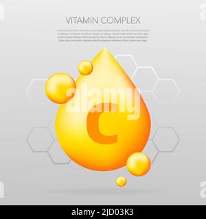 Symbol für die glänzende Kapsel mit Vitamin C. Glänzendes goldenes Stofftropfen. Medikamente anzeigen. Beauty Behandlung Ernährung Hautpflege Design. Vektorgrafik Stock Vektor